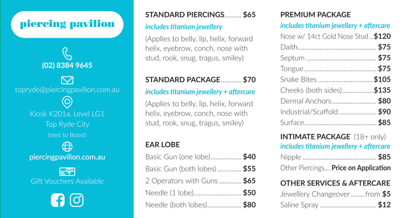 Top Ryde pricelist Piercing Pavilion